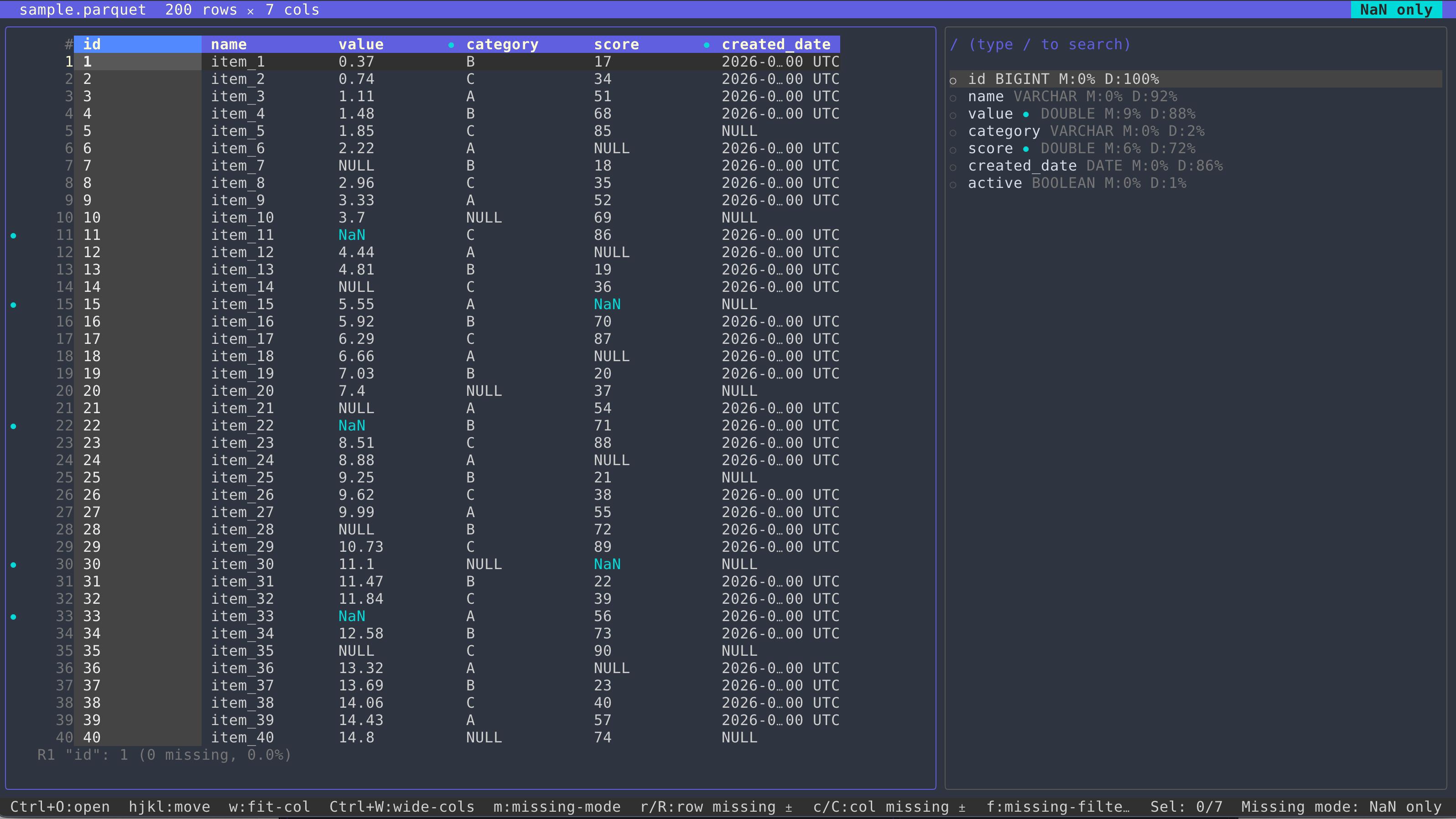 A parqview session showing a dataset table alongside a searchable column list.